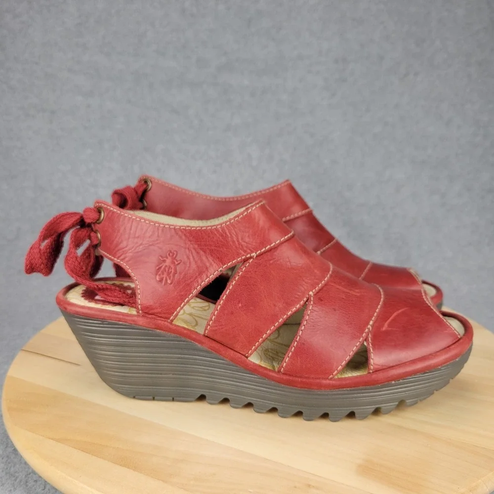 Fly London Yown Red Leather Lace Up Peep‎ Toe Wedge Sandals Portugal 42 US 11.5